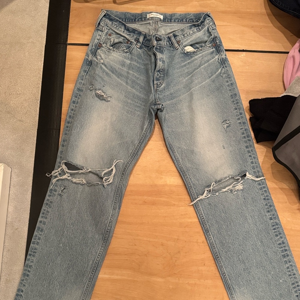 Moussy Light Blue Distressed Straight Leg Jeans